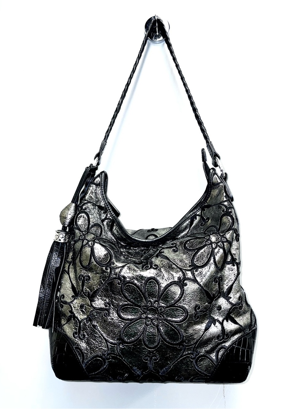 Brighton Black Silver Metallic Floral Embossed Leather Shoulder Bag Braided